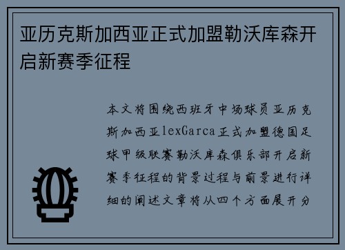 亚历克斯加西亚正式加盟勒沃库森开启新赛季征程 亚历克斯加西亚正式加盟勒沃库森开启新赛季征程