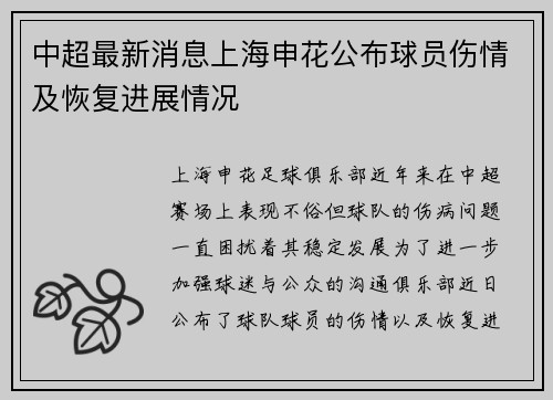中超最新消息上海申花公布球员伤情及恢复进展情况